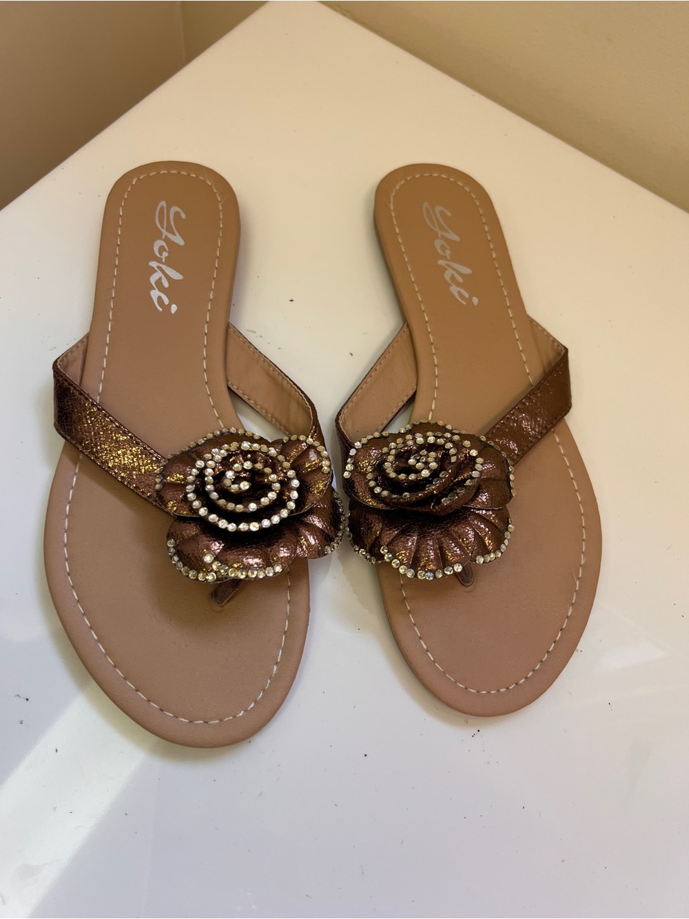 Yoki Metallic Bronze Flower Rhinestone Thong Sandals